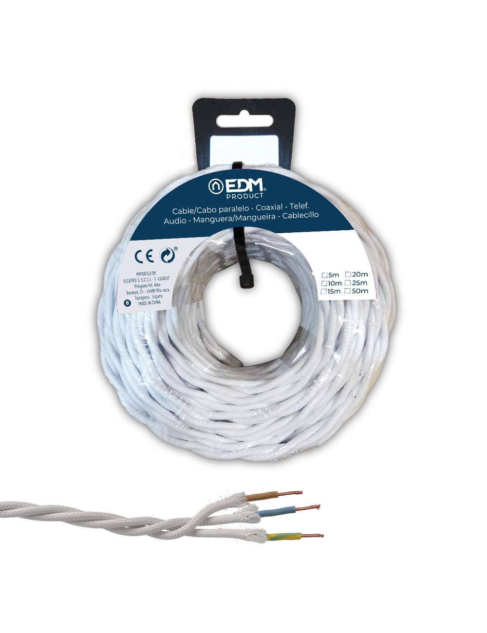 Carrete cable paralelo textil trenzado h05v-k 3 g 1,00 mm blanco, 25 m