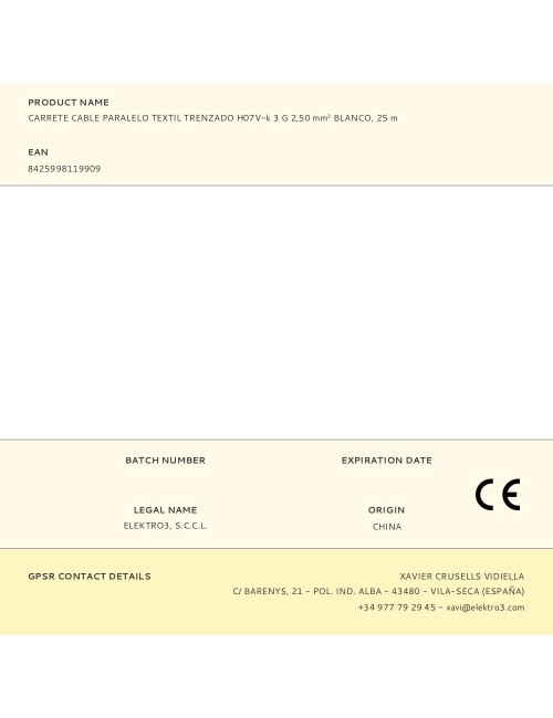 Carrete cable paralelo textil trenzado h07v-k 3 g 2,50 mm blanco, 25 m