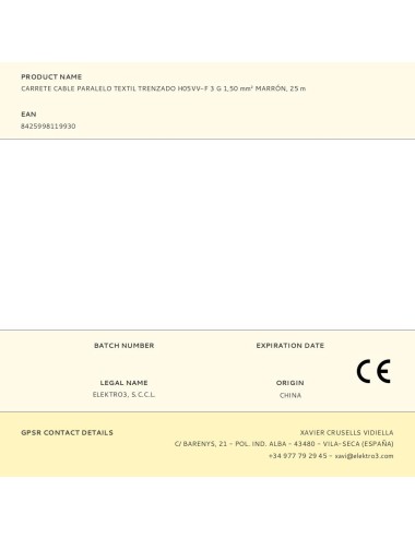 Carrete cable paralelo textil trenzado h05vv-f 3 g 1,50 mm marrón, 25 m