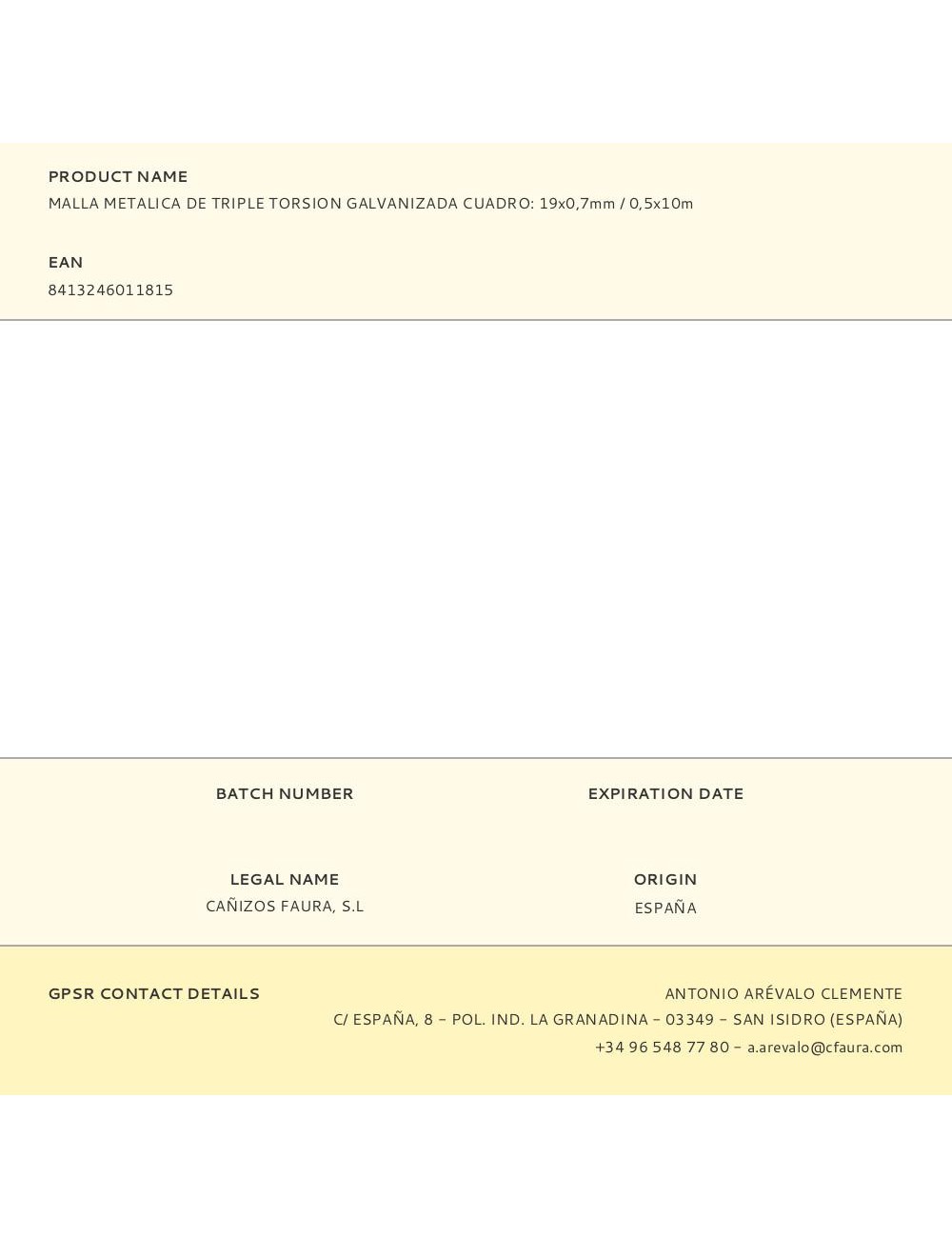 Malla metalica de triple torsion galvanizada cuadro: 19x0,7mm / 0,5x10m