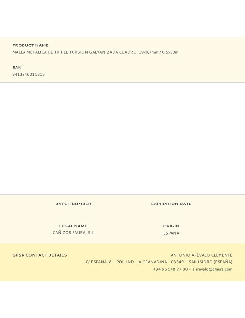 Malla metalica de triple torsion galvanizada cuadro: 19x0,7mm / 0,5x10m