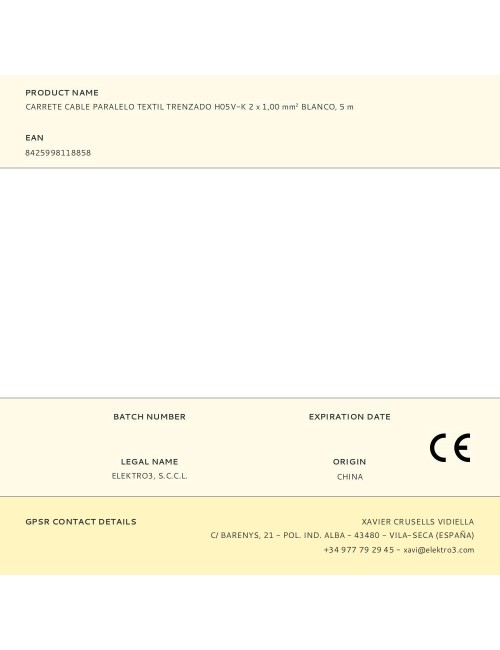 Carrete cable paralelo textil trenzado h05v-k 2 x 1,00 mm blanco, 5 m