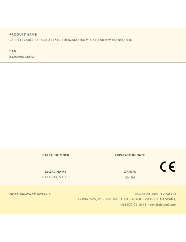 Carrete cable paralelo textil trenzado h07v-k 2 x 2,50 mm blanco, 5 m