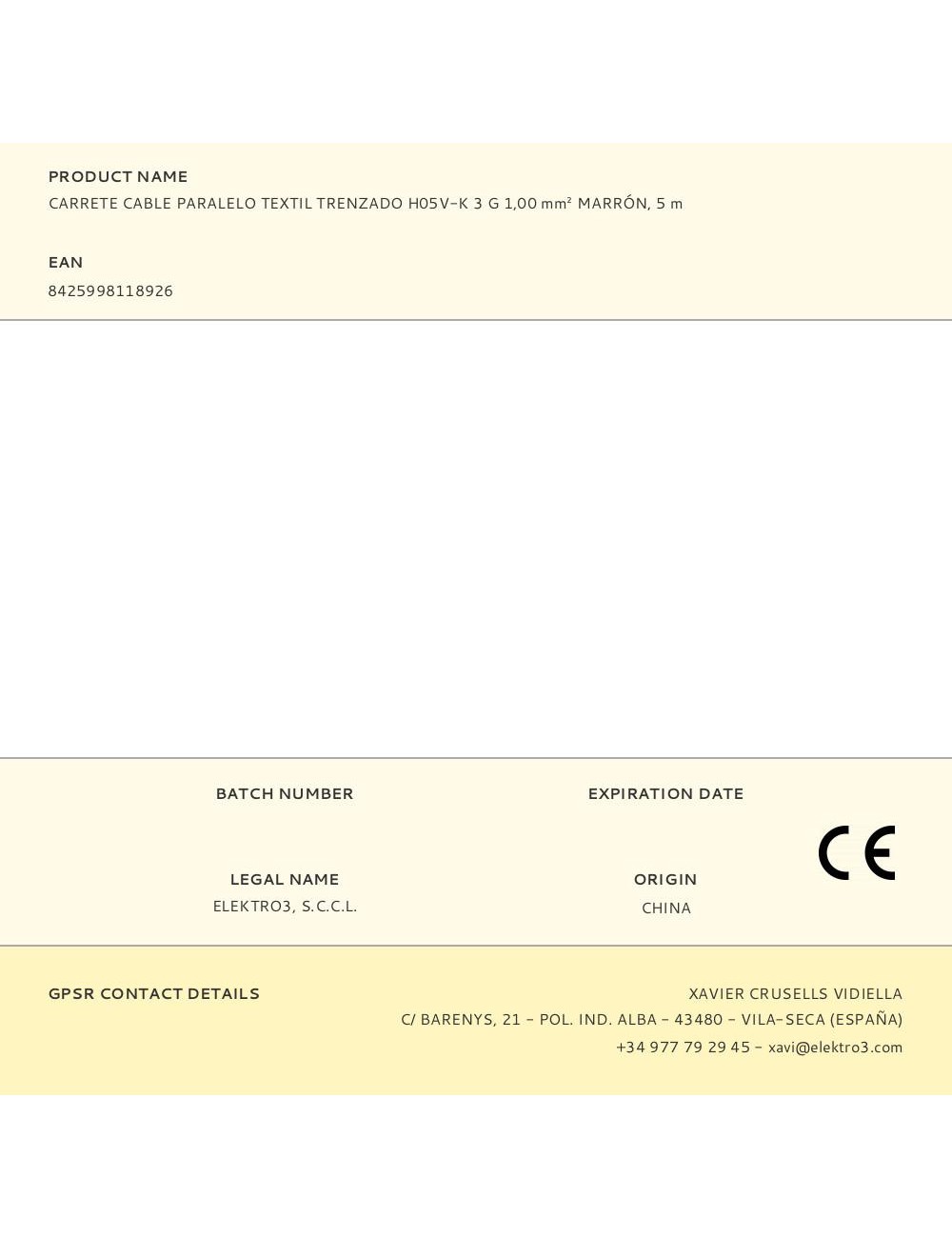 Carrete cable paralelo textil trenzado h05v-k 3 g 1,00 mm marrón, 5 m