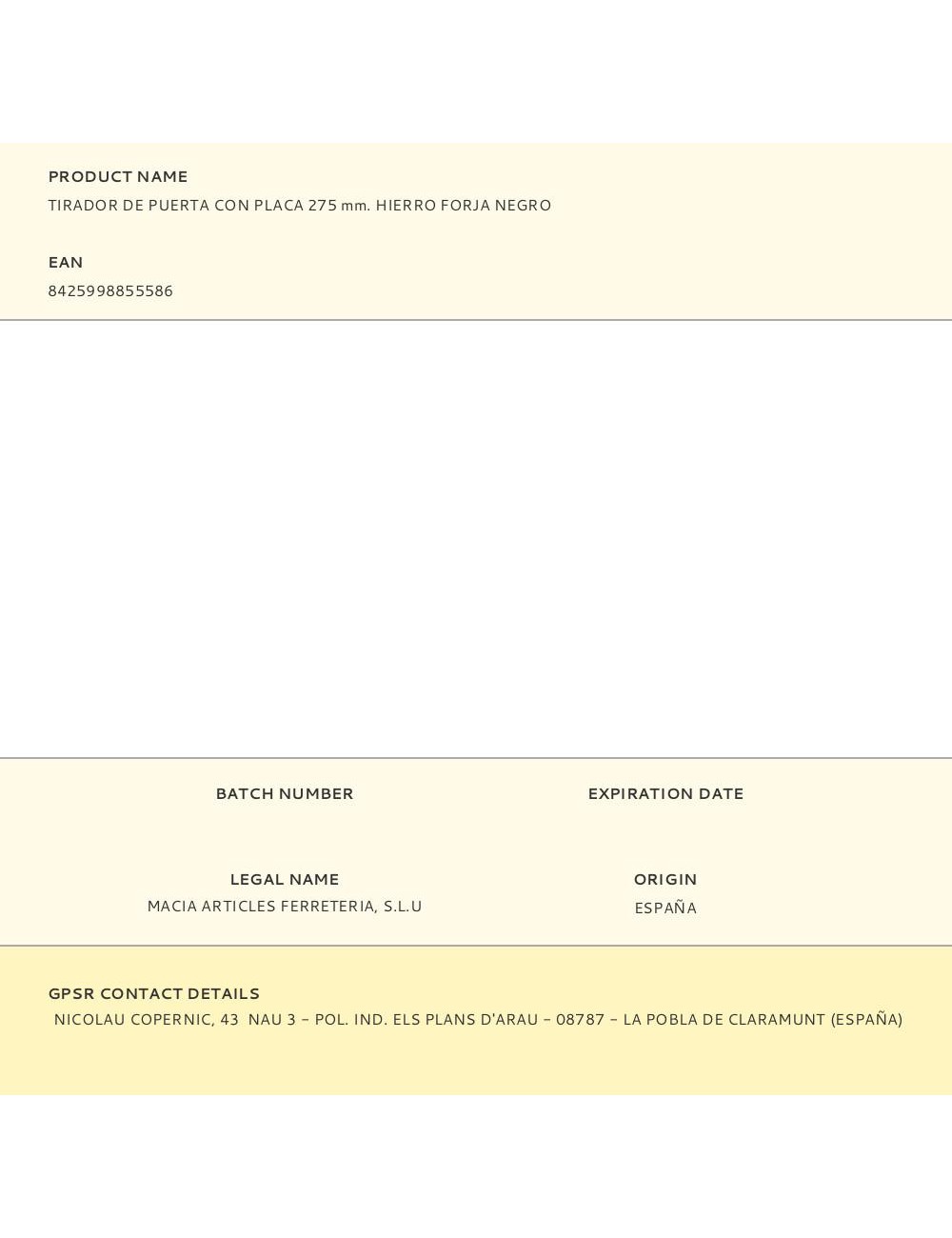 Tirador de puerta con placa 275 mm. hierro forja negro