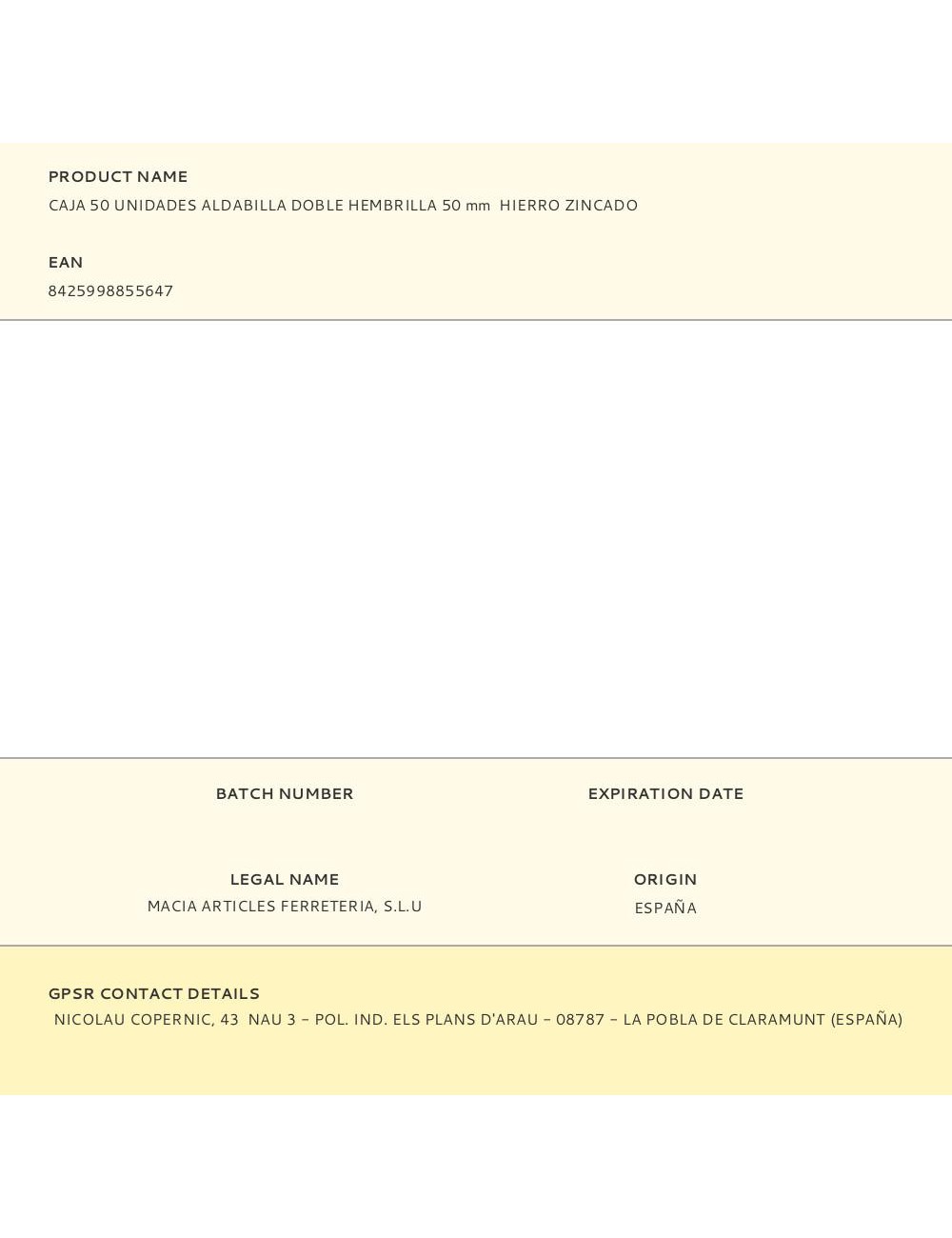 Caja 50 unidades aldabilla doble hembrilla 50 mm hierro zincado