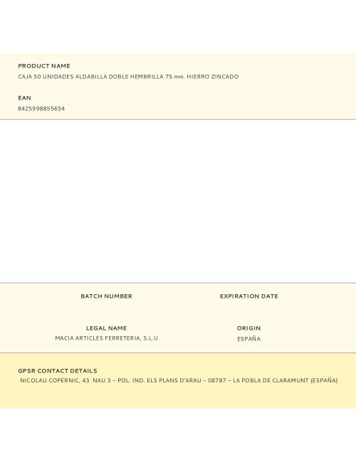 Caja 50 unidades aldabilla doble hembrilla 75 mm. hierro zincado