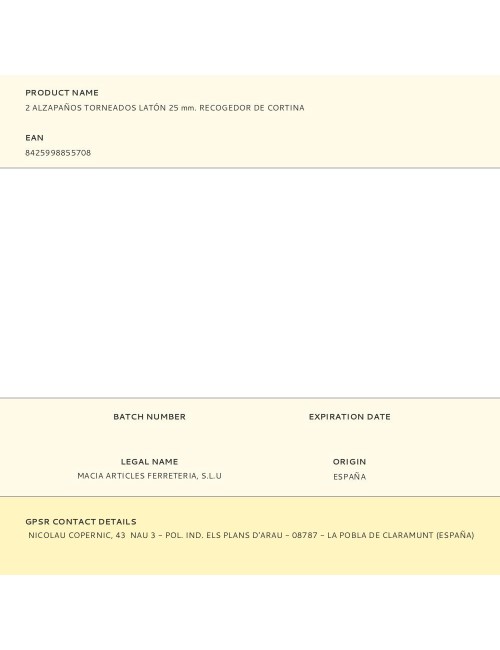 Alzapaños torneados latón 25 mm. recogedor de cortina, 2 uds