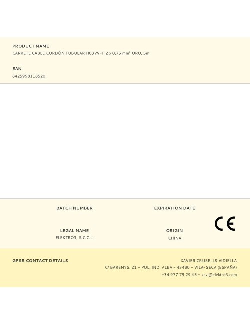 Carrete cable cordón tubular h03vv-f 2 x 0,75 mm oro, 5m