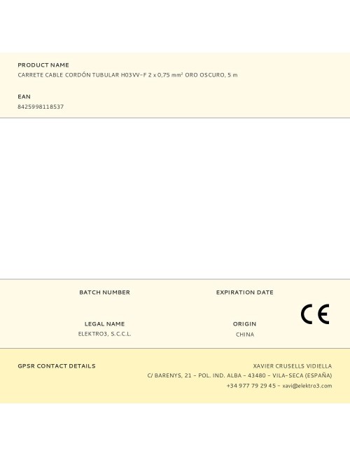 Carrete cable cordón tubular h03vv-f 2 x 0,75 mm oro oscuro, 5 m