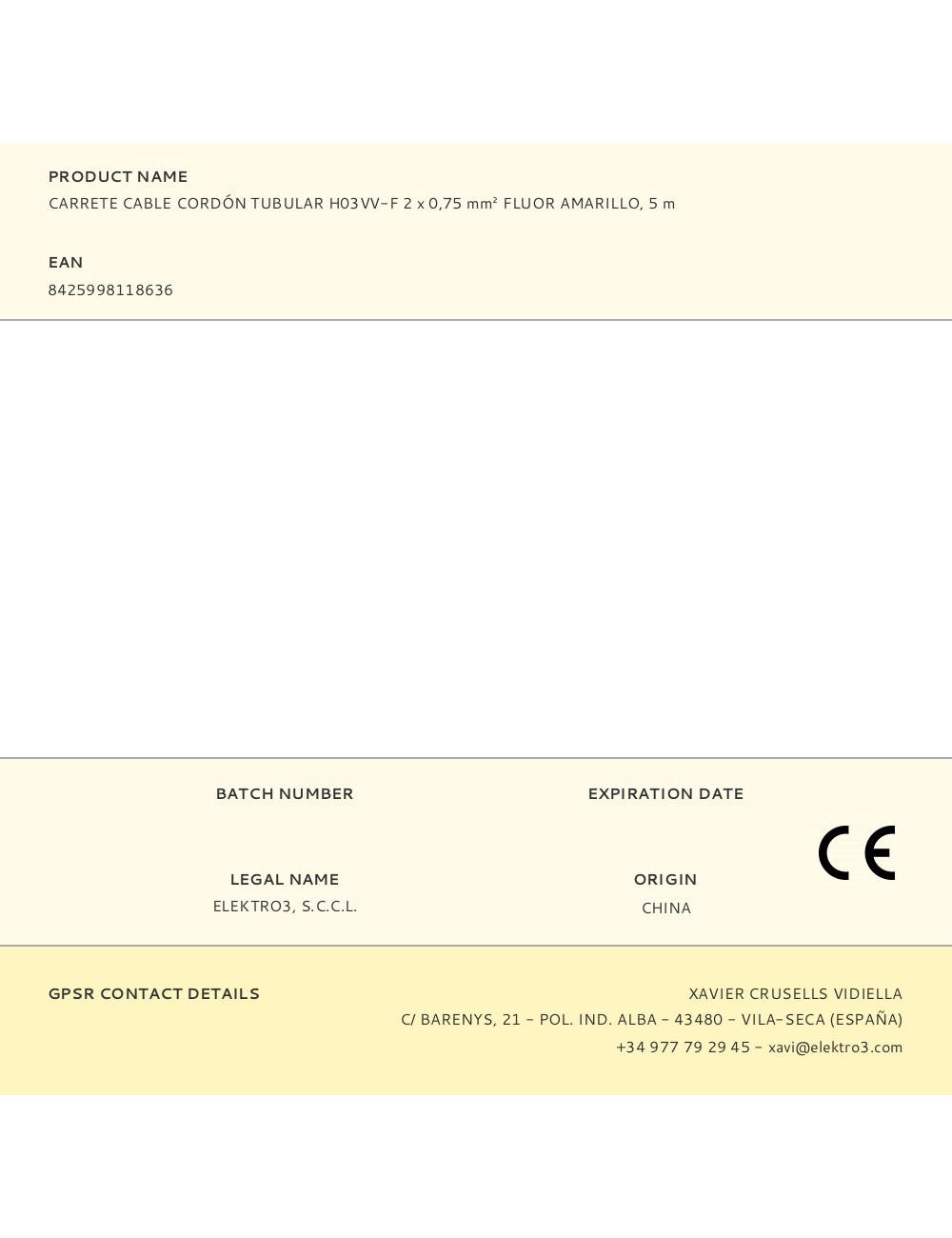 Carrete cable cordón tubular h03vv-f 2 x 0,75 mm fluor amarillo, 5 m