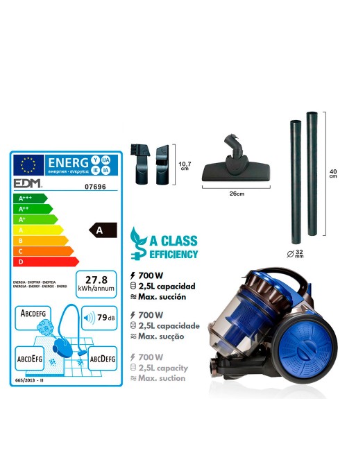 Aspiradora sin bolsa multiciclonico clase "a" 700 w 2,5 l