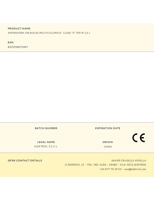 Aspiradora sin bolsa multiciclonico clase "a" 700 w 2,5 l