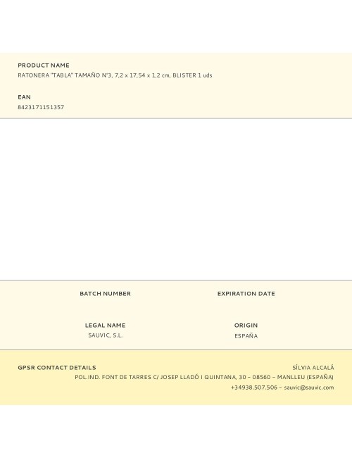 Ratonera "tabla" tamaño n°3, 7,2 x 17,54 x 1,2 cm, blister 1 uds