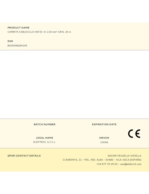 Carrete cablecillo h07z1-k 1,50 mm gris, 20 m