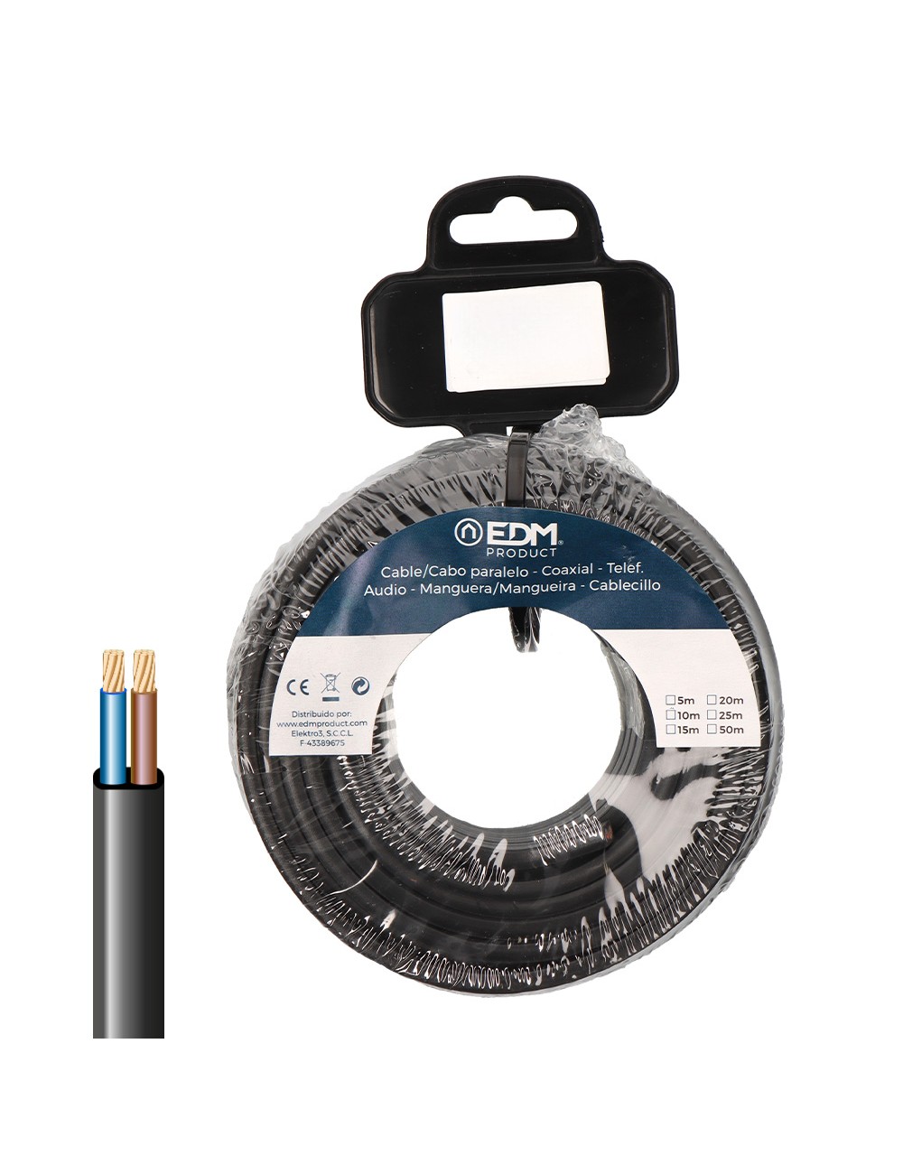 Carrete cable paralelo plano vvk(h2) 06/1kv 2 x 2,50 mm negra, 25 m