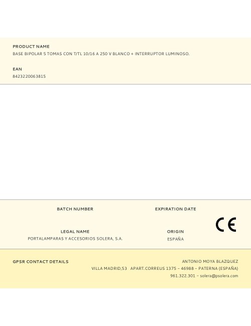 Base bipolar 5 tomas con t/tl 10/16 a 250 v blanco + interruptor luminoso.