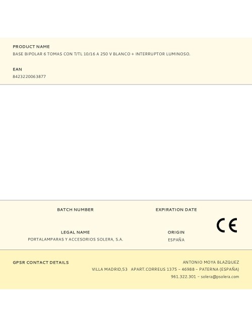 Base bipolar 6 tomas con t/tl 10/16 a 250 v blanco + interruptor luminoso.