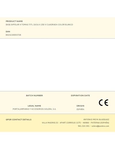 Base bipolar 4 tomas t/tl 10/16 a 250 v cuadrada color blanco