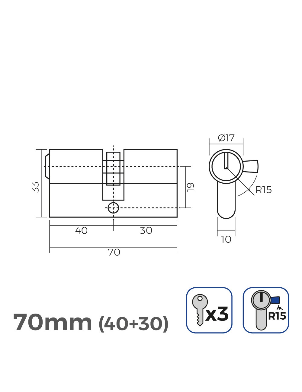 Cilindro de latón 70 mm (40+30 mm) leva larga r15 con 3 llaves de serreta incluidas