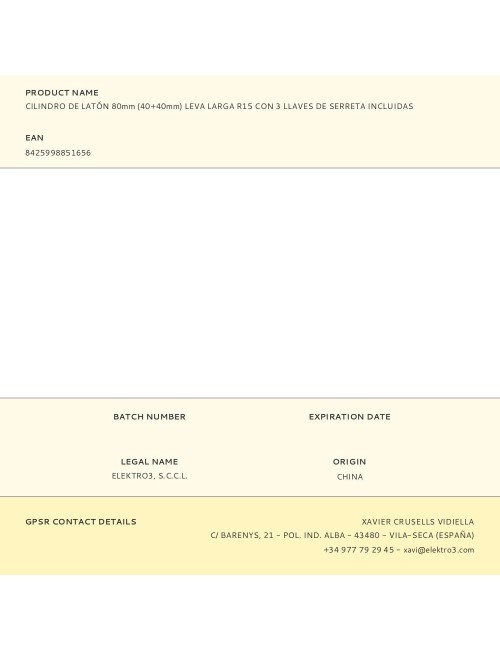 Cilindro de latón 80mm (40+40mm) leva larga r15 con 3 llaves de serreta incluidas