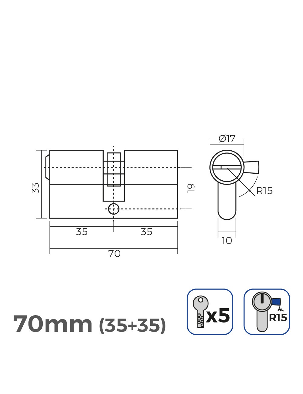 Cilindro latón 70mm (35+35mm) leva larga r15 con 5 llaves de seguridad incluidas