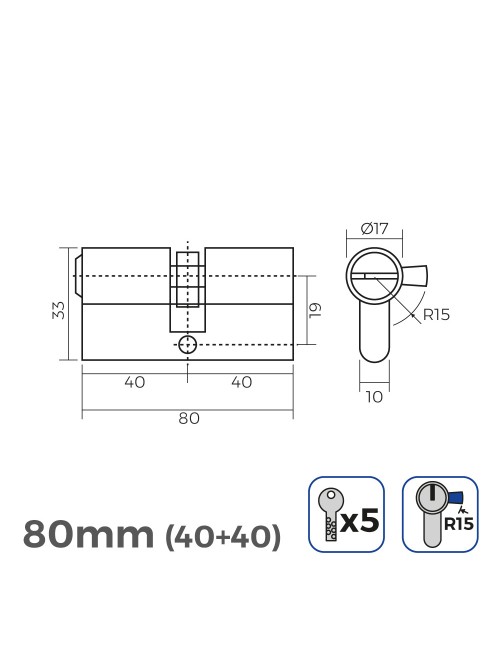 Cilindro latón 80 mm (40+40 mm) leva larga r15 con 5 llaves de seguridad incluidas