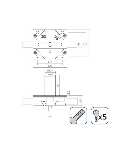 Cerrojo con perno de acero incluye 5 llaves de seguridad