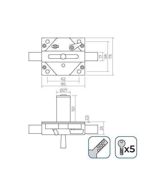 Cerrojo con perno de acero incluye 5 llaves de seguridad