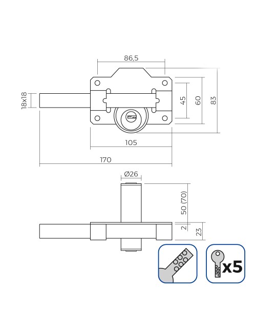 Cerrojo de seguridad con 5 llaves de seguridad, negro