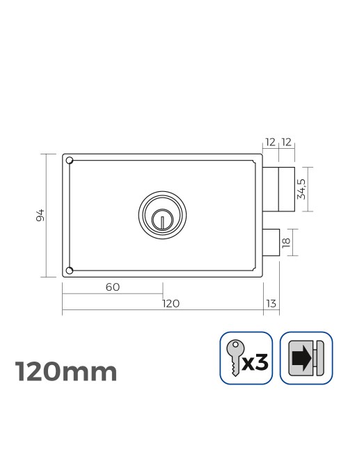 Cerradura derecha 120mm 3 llaves incluidas edm