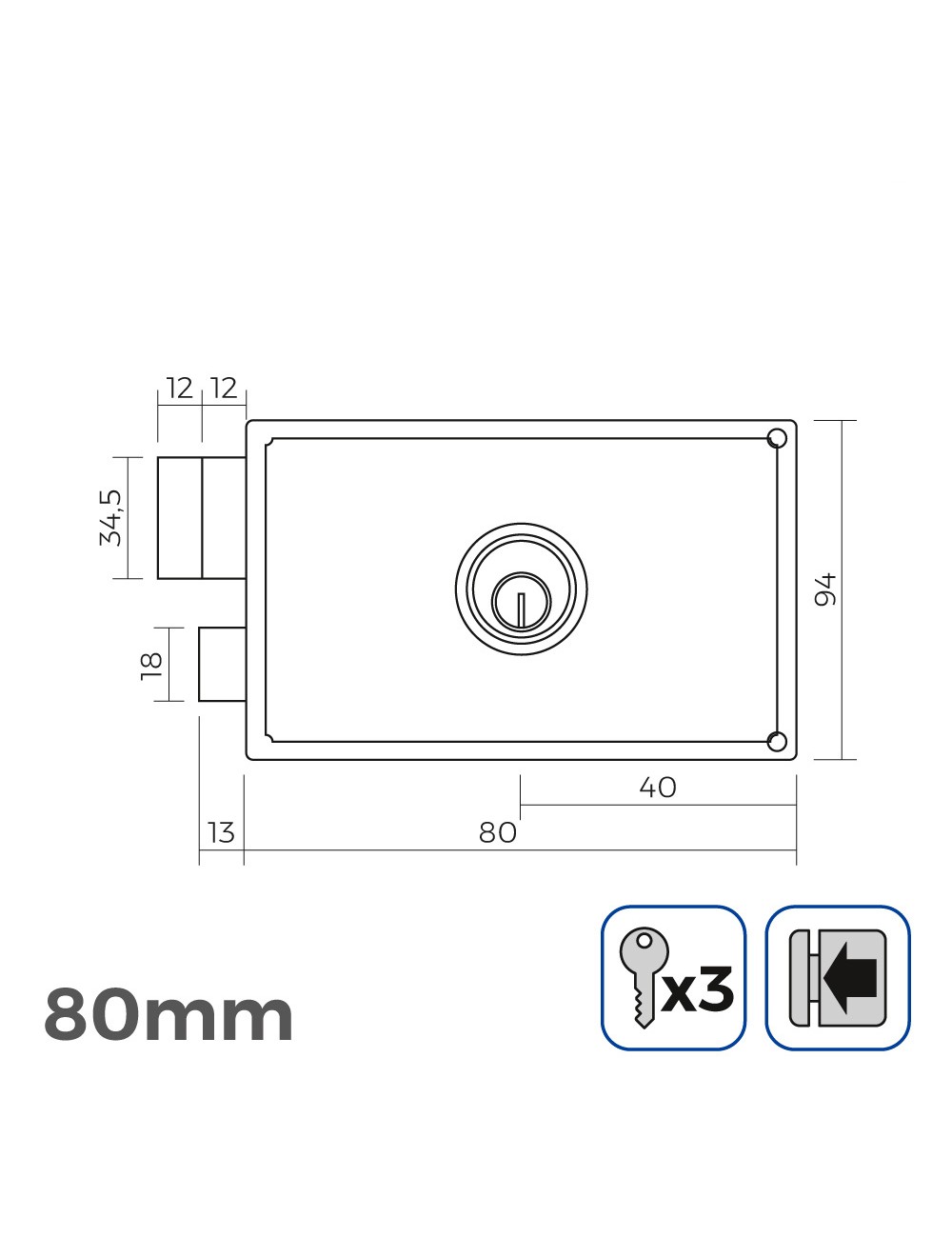 Cerradura izquierda 80 mm 3 llaves incluidas