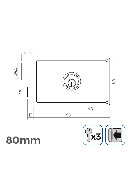 Cerradura izquierda 80 mm 3 llaves incluidas