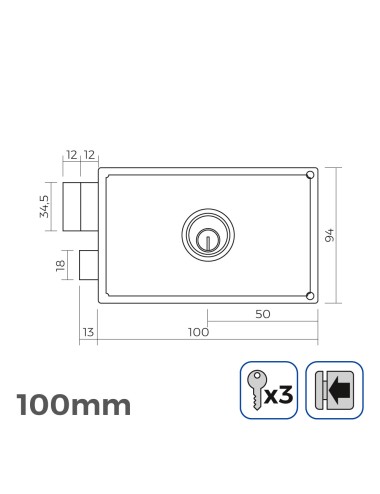 Cerradura izquierda 100mm 3 llaves incluidas