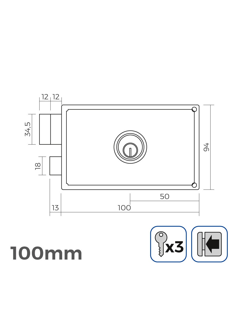 Cerradura izquierda 100mm 3 llaves incluidas