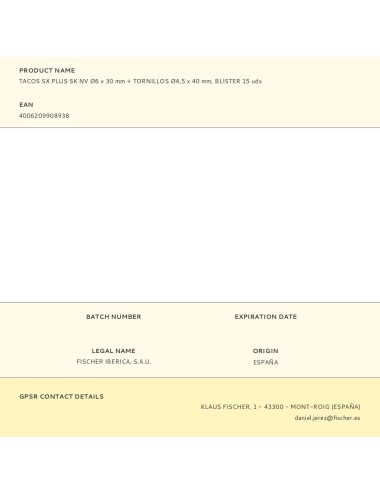 Tacos sx plus sk nv ø6 x 30 mm + tornillos ø4,5 x 40 mm, blister 15 uds