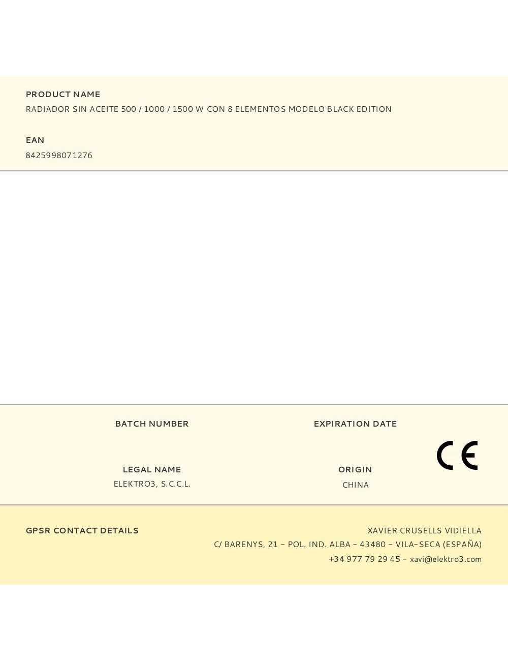 Radiador sin aceite 500 / 1000 / 1500 w con 8 elementos modelo black edition