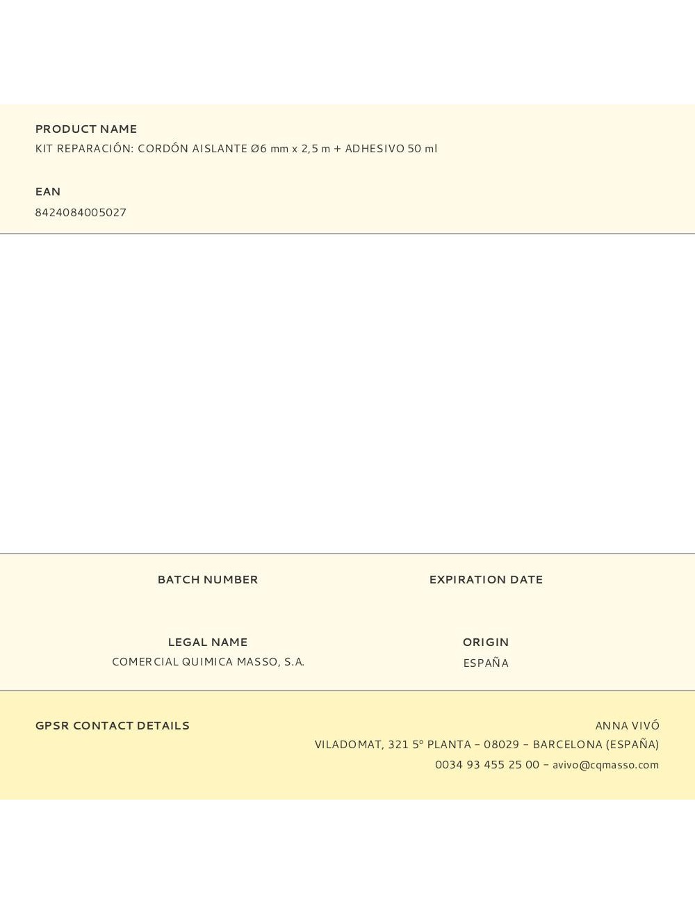 Kit reparación: cordón aislante ø6 mm x 2,5 m + adhesivo 50 ml