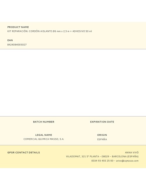 Kit reparación: cordón aislante ø6 mm x 2,5 m + adhesivo 50 ml