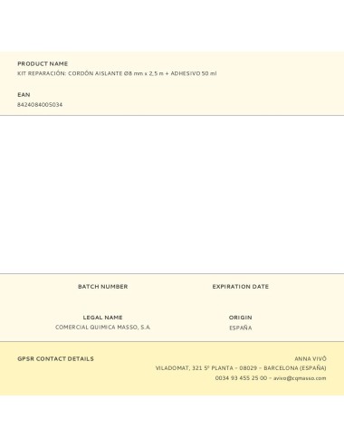 Kit reparación: cordón aislante ø8 mm x 2,5 m + adhesivo 50 ml