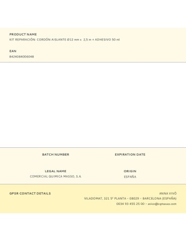 Kit reparación: cordón aislante ø12 mm x 2,5 m + adhesivo 50 ml