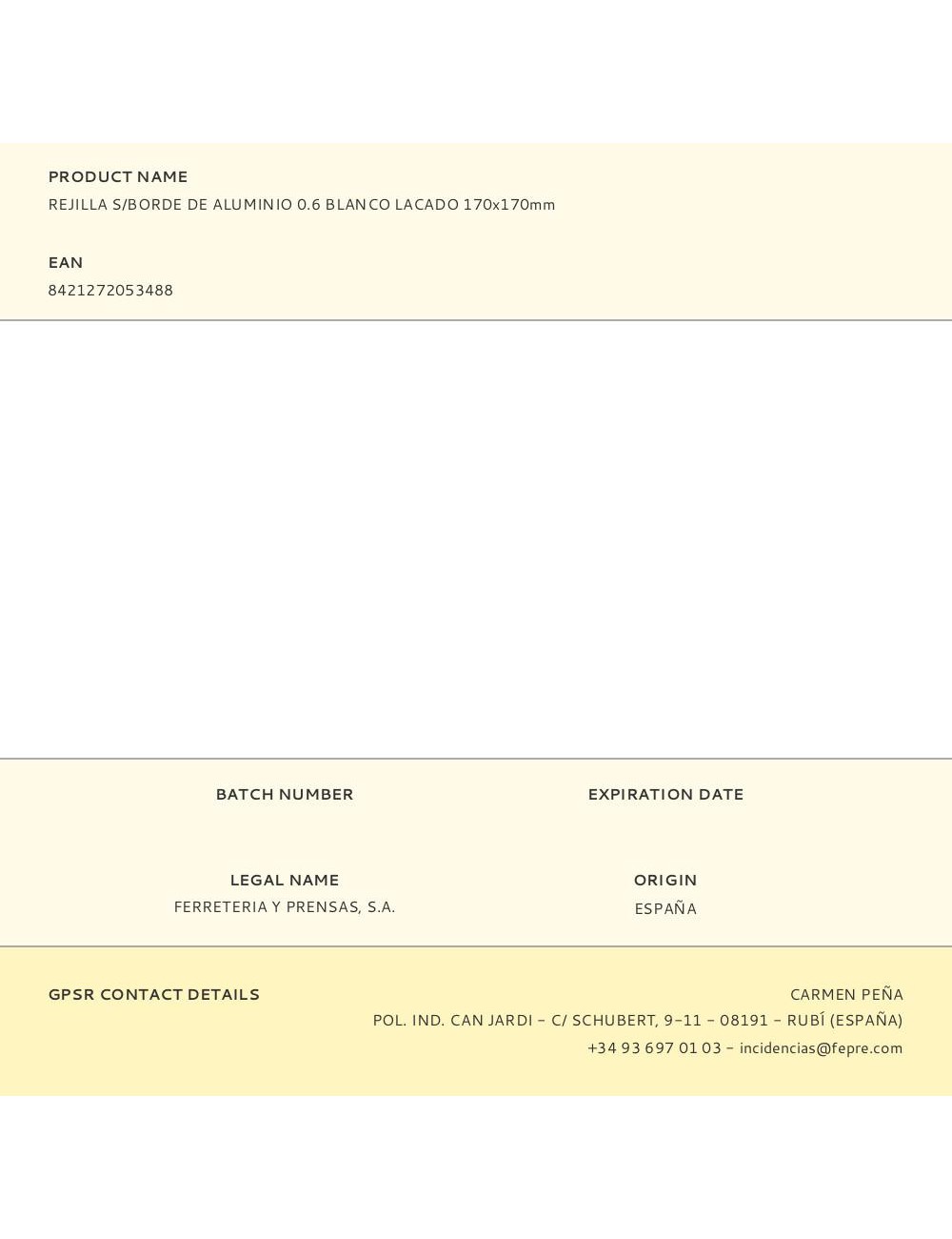 Rejilla s/borde de aluminio 0.6 blanco lacado 170x170mm