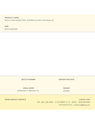 Rejilla con mosquitera. aluminio 0.8 oro 150x150mm (g)