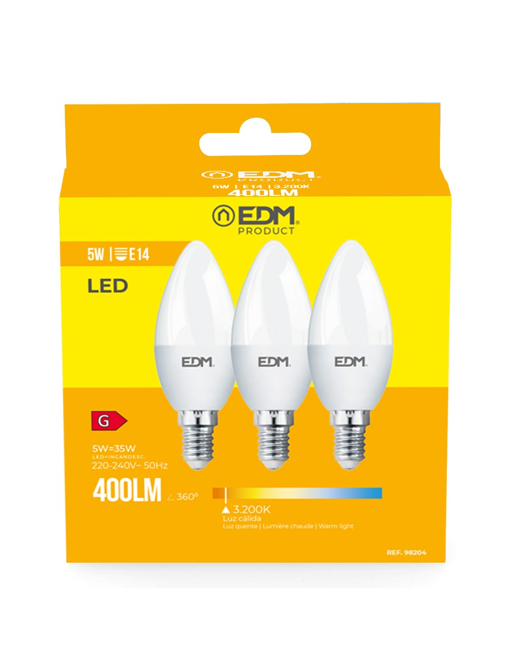 Kit 3 bombillas vela led e14 5 w 400 lm 3200 k luz calida ø3,6 x 10 cm