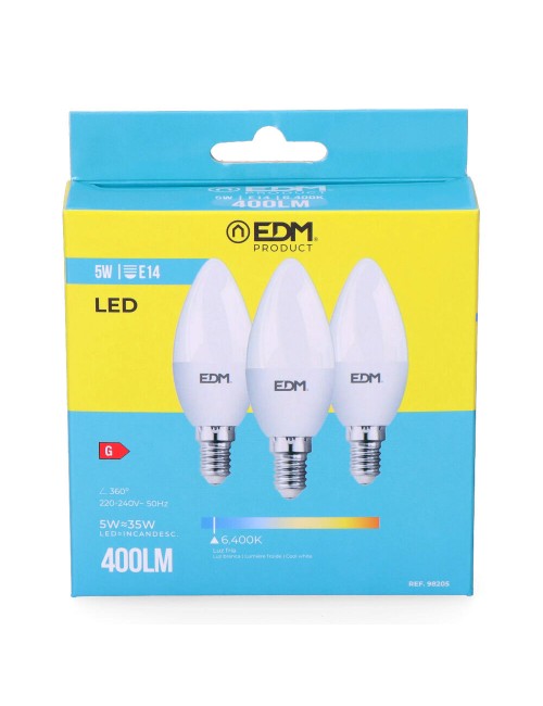 Kit 3 bombillas vela led e14 5 w 400 lm 6400 k luz fria ø3,6 x 10 cm