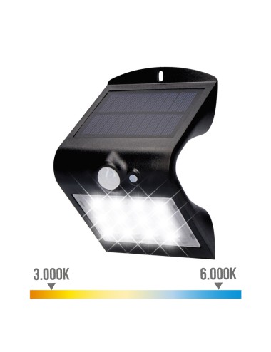 Aplique solar 1,5w 220lm recargable. sensor de presencia (2-6m) color negro 9,6x7,3x14cm edm