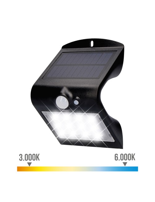 Aplique solar 1,5w 220lm recargable. sensor de presencia (2-6m) color negro 9,6x7,3x14cm edm