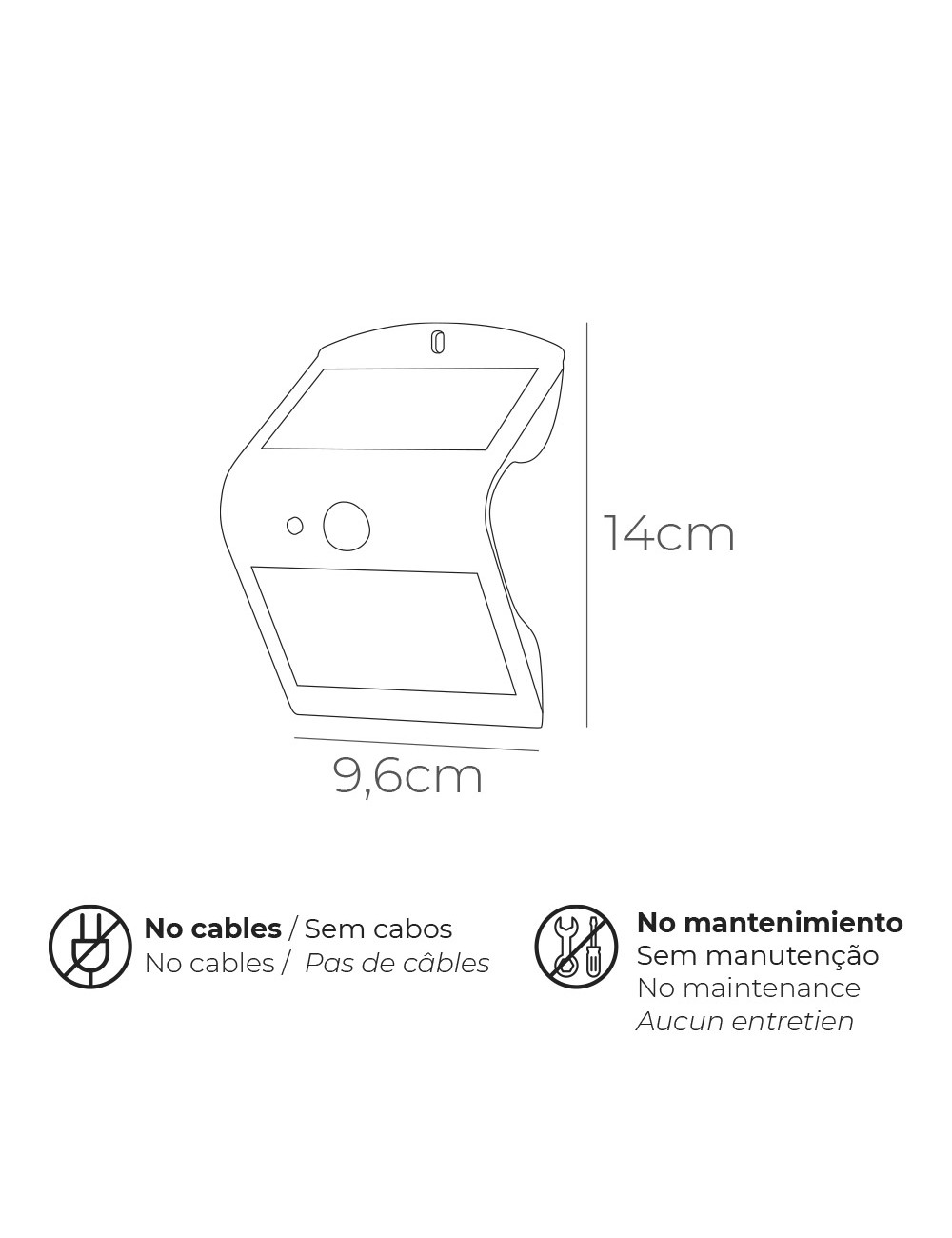 Aplique solar 1,5w 220lm recargable. sensor de presencia (2-6m) color negro 9,6x7,3x14cm edm