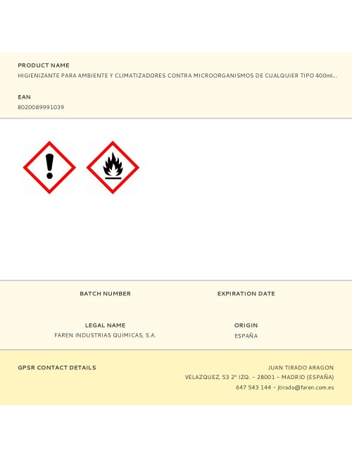 Higienizante para ambiente y climatizadores contra microorganismos de cualquier tipo 400ml faren