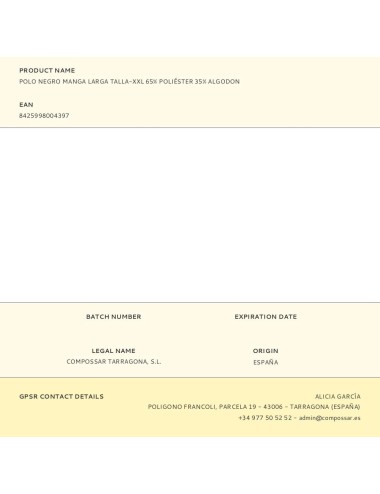 Polo negro manga larga talla-xxl 65% poliéster 35% algodon